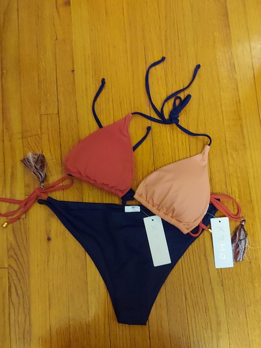 PHAX Colorblock Triangle Bikini - Navy Bottom with Coral & Peach Tops